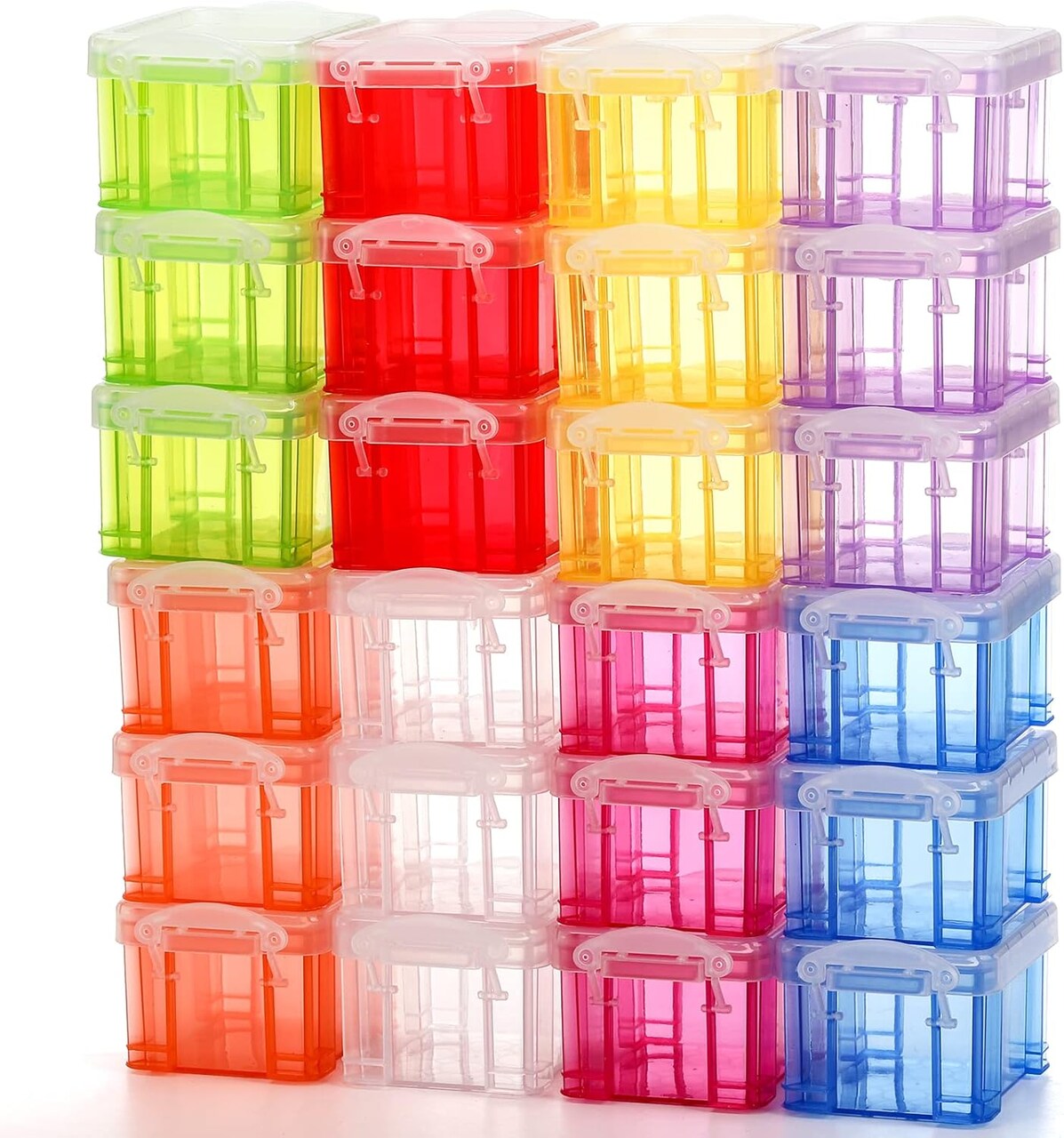 24 Pack Mini Plastic Storage Bins with Lid, 3.3"×2.6"×2" Clear Latch Small Storage Box, Stackable Organizer Container for Crafts, Jewelry Beads, Office Supplies, 8 Colors